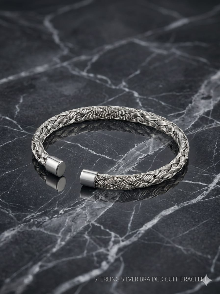 Silver Braided Metal Cuff Bracelet - Image 3